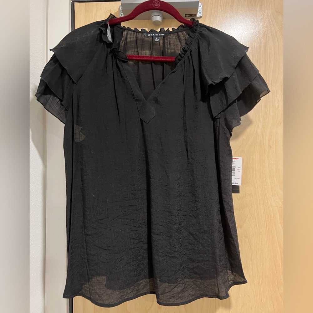 Zac & Rachel Black Semi-Shear Short-Sleeved Blouse
